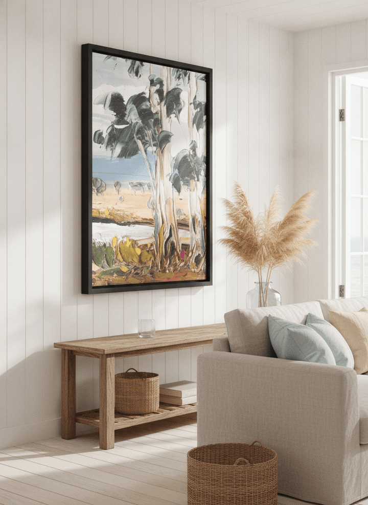 Neutral wall art displayed in a sunny coastal beach house