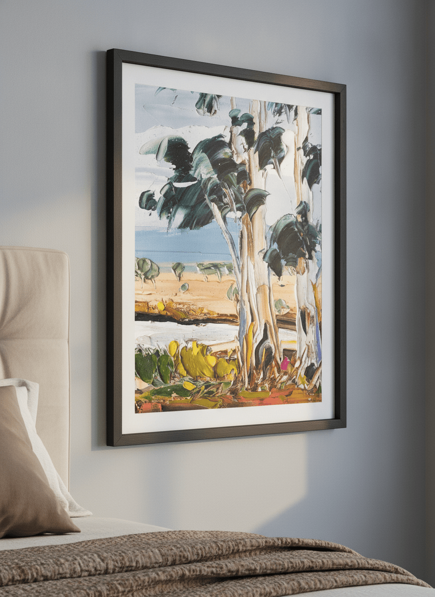 Minimalist artwork displayed in a calm, light-filled bedroom interior