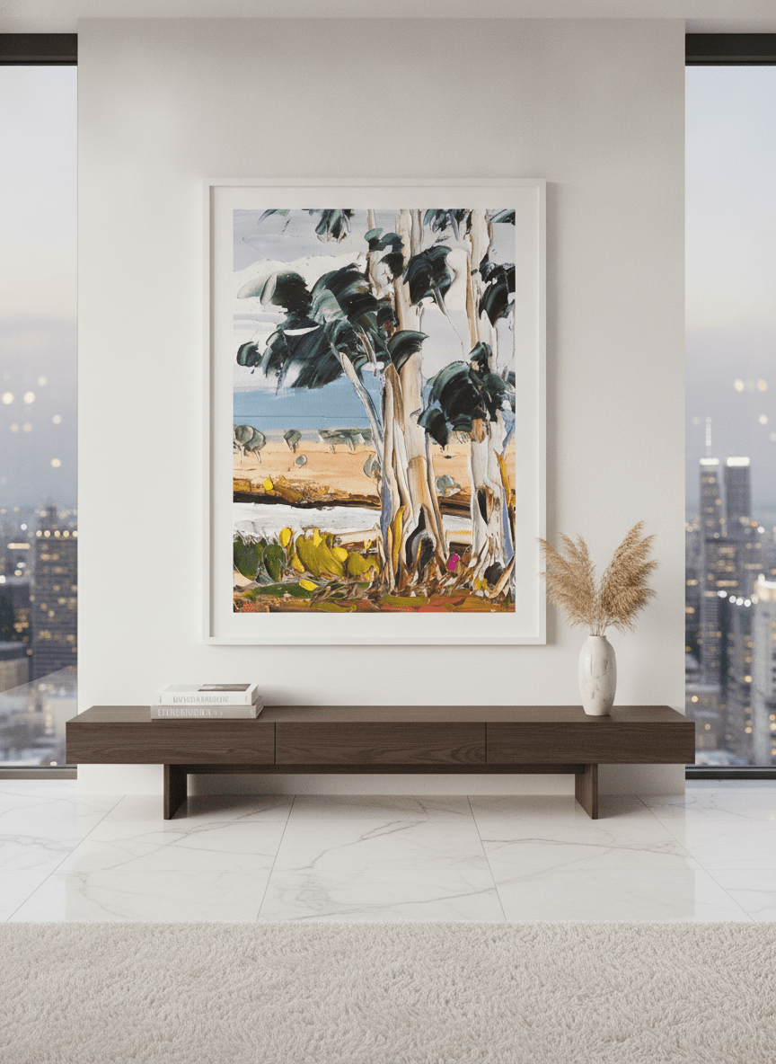 Monumental artwork centred on a feature wall in a luxe interior