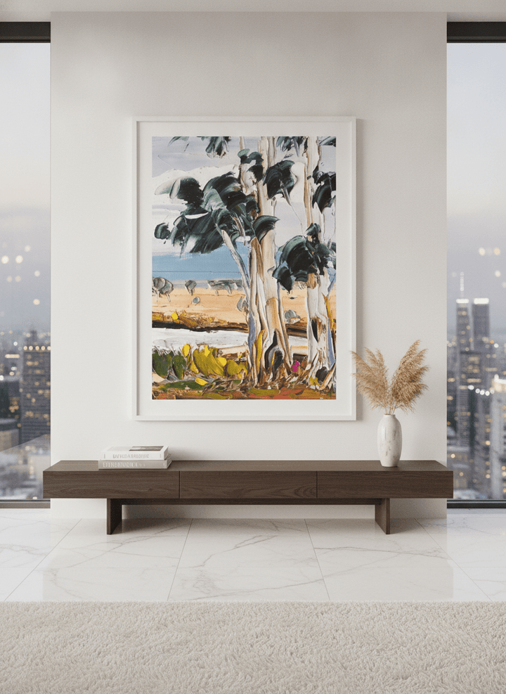Monumental artwork centred on a feature wall in a luxe interior
