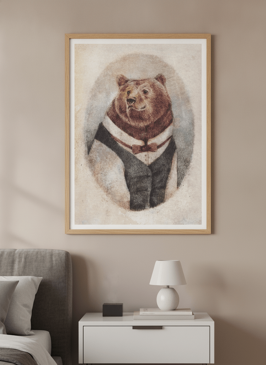 Minimalist artwork displayed in a calm, light-filled bedroom interior