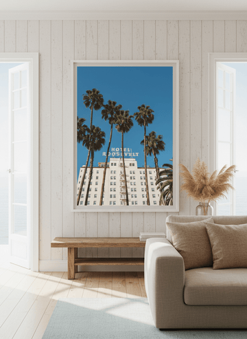 Neutral wall art displayed in a sunny coastal beach house