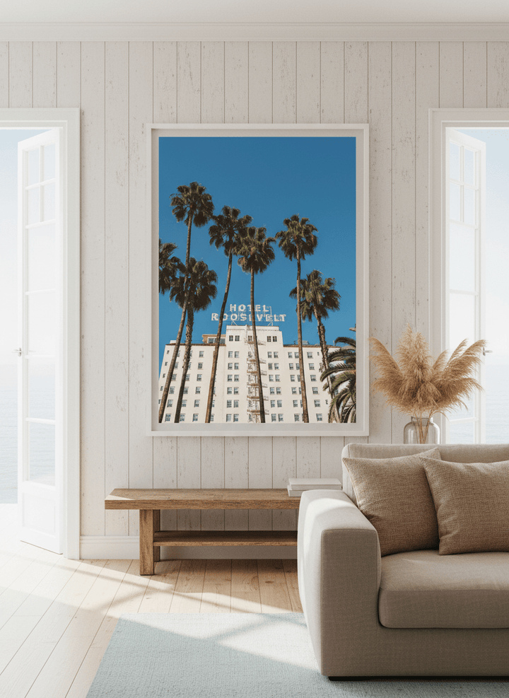 Neutral wall art displayed in a sunny coastal beach house