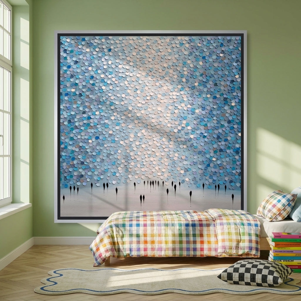 Canvas wall art with a silver leaf surround styled on the wall in a colourful eclectic bedroom
