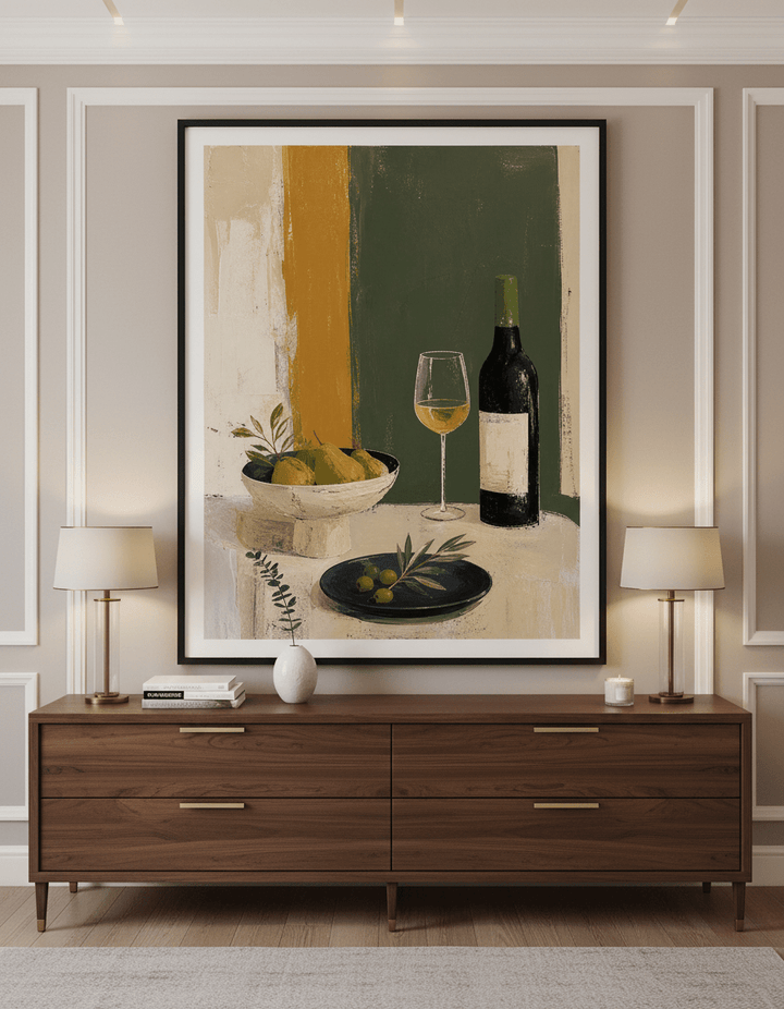 Monumental artwork centred on a feature wall in a luxe interior