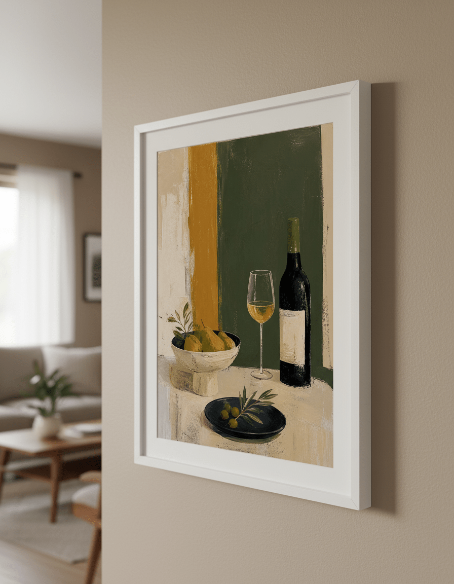 Modern wall art styled above a sofa in a neutral living room
