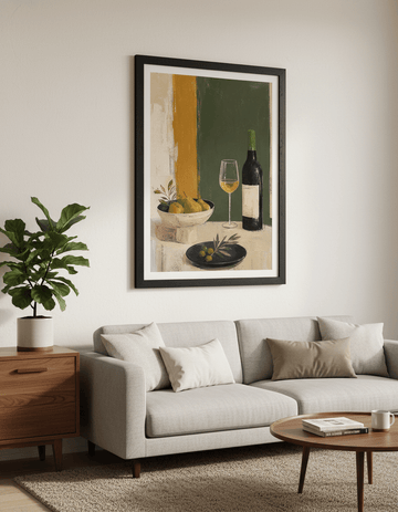Modern wall art styled above a sofa in a neutral living room