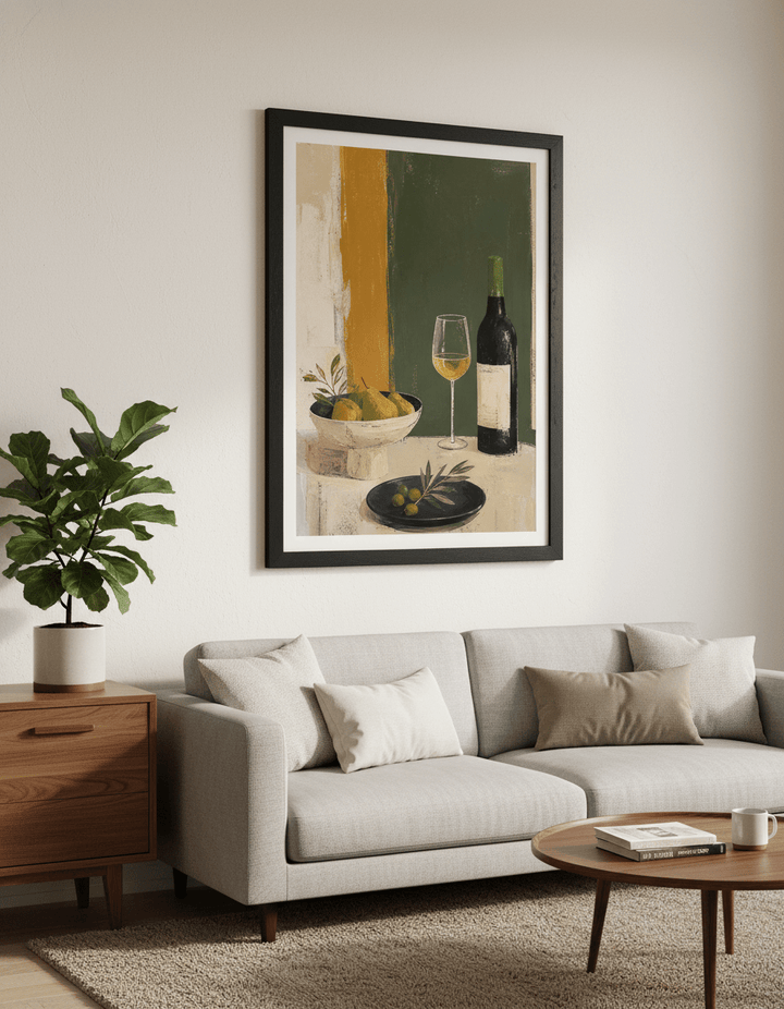 Modern wall art styled above a sofa in a neutral living room