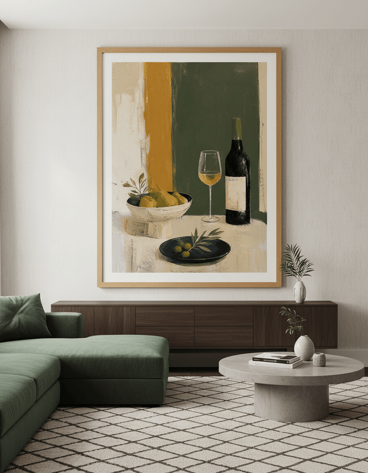 Monumental artwork centred on a feature wall in a luxe interior