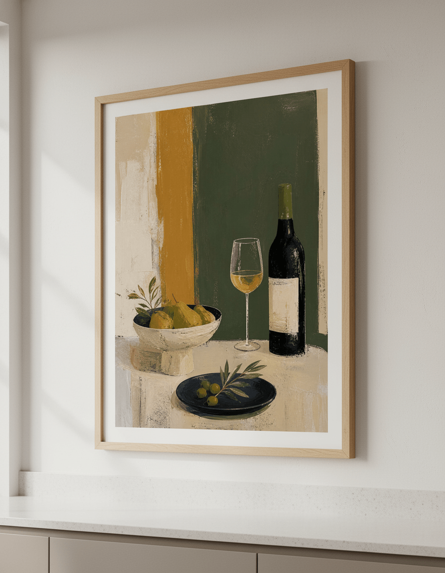 Artwork styled on the wall of a bright modern kitchen