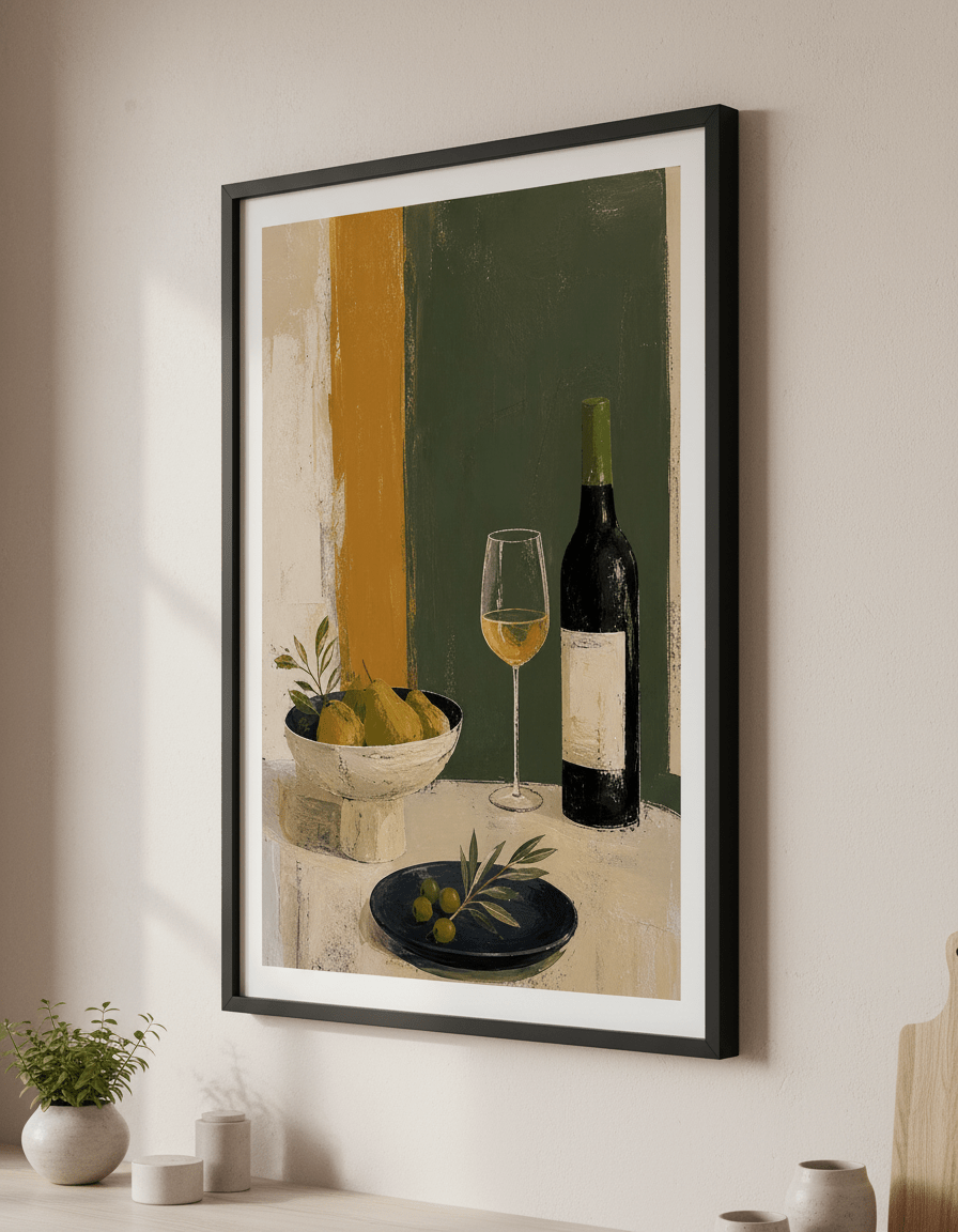Artwork styled on the wall of a bright modern kitchen