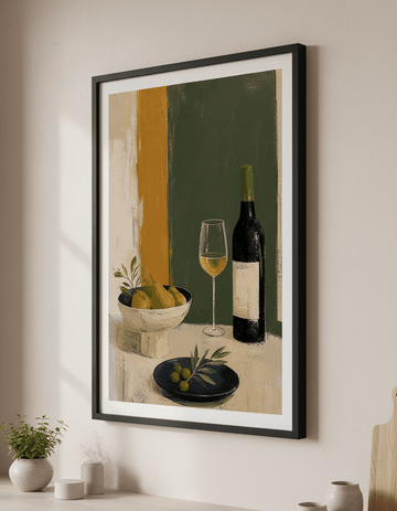 Artwork styled on the wall of a bright modern kitchen