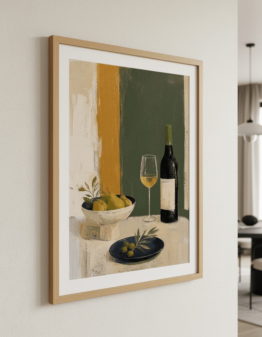 Wall art styled above a dining table in a contemporary home