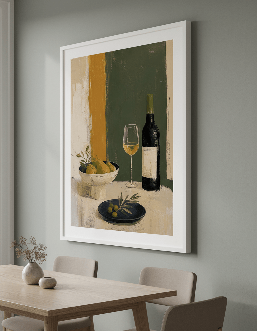 Wall art styled above a dining table in a contemporary home