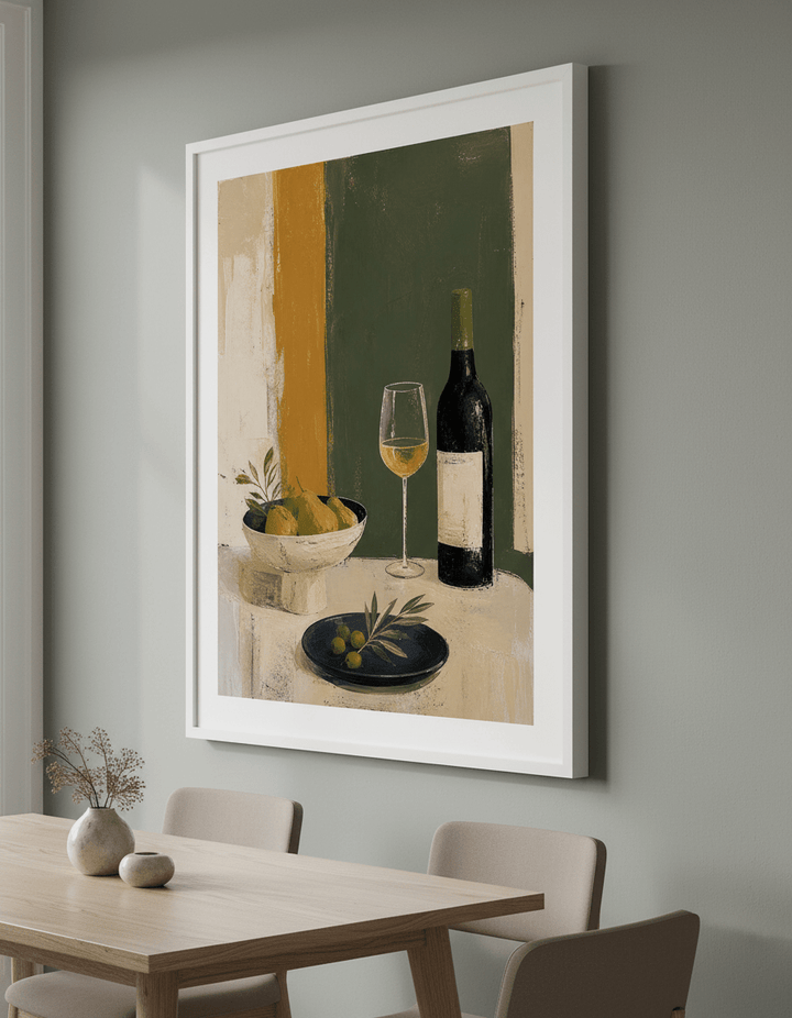 Wall art styled above a dining table in a contemporary home