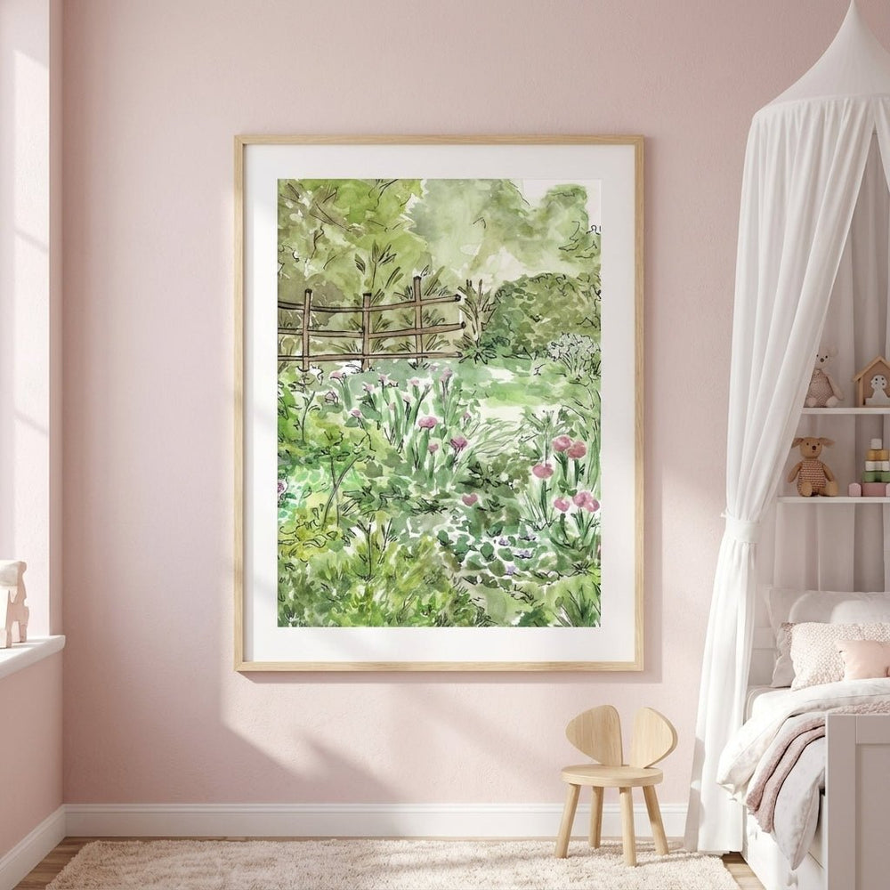 Artwork of a garden scene in a child's room with pink walls.