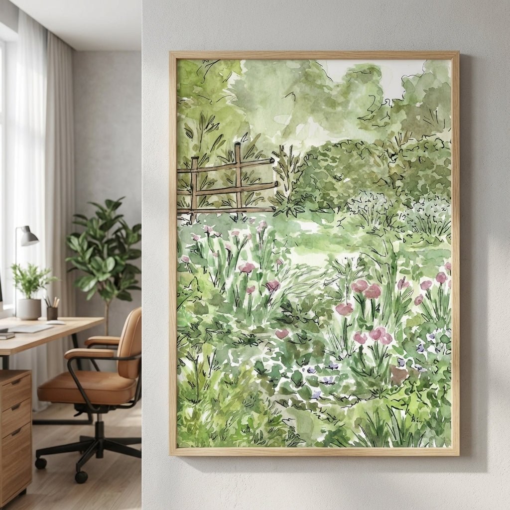 Artwork of a garden scene in a home office setting