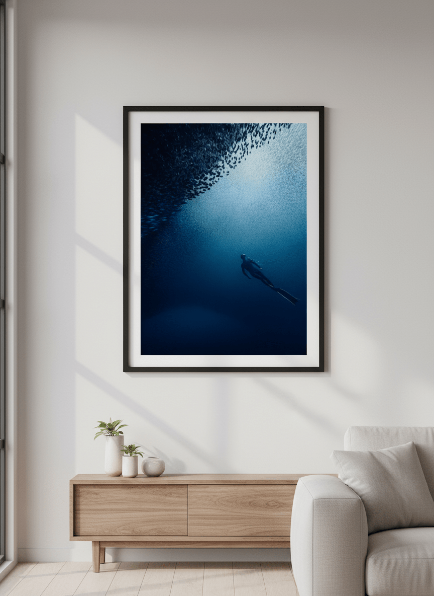 Modern wall art styled above a sofa in a neutral living room