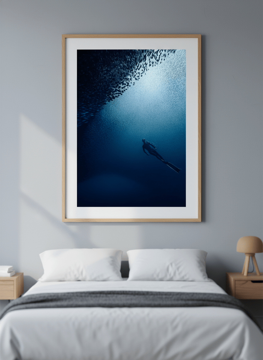 Minimalist artwork displayed in a calm, light-filled bedroom interior