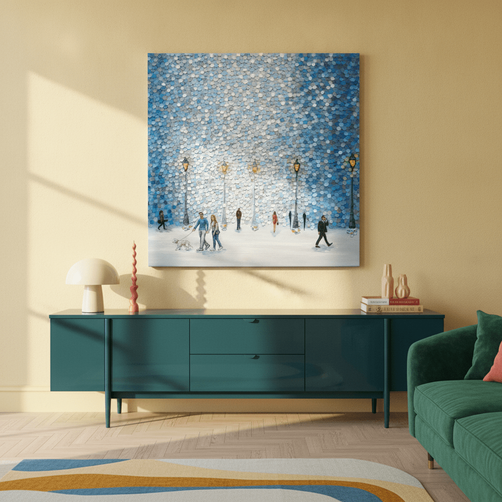 Stretched canvas wall art styled on the wall in a colourful eclectic living room