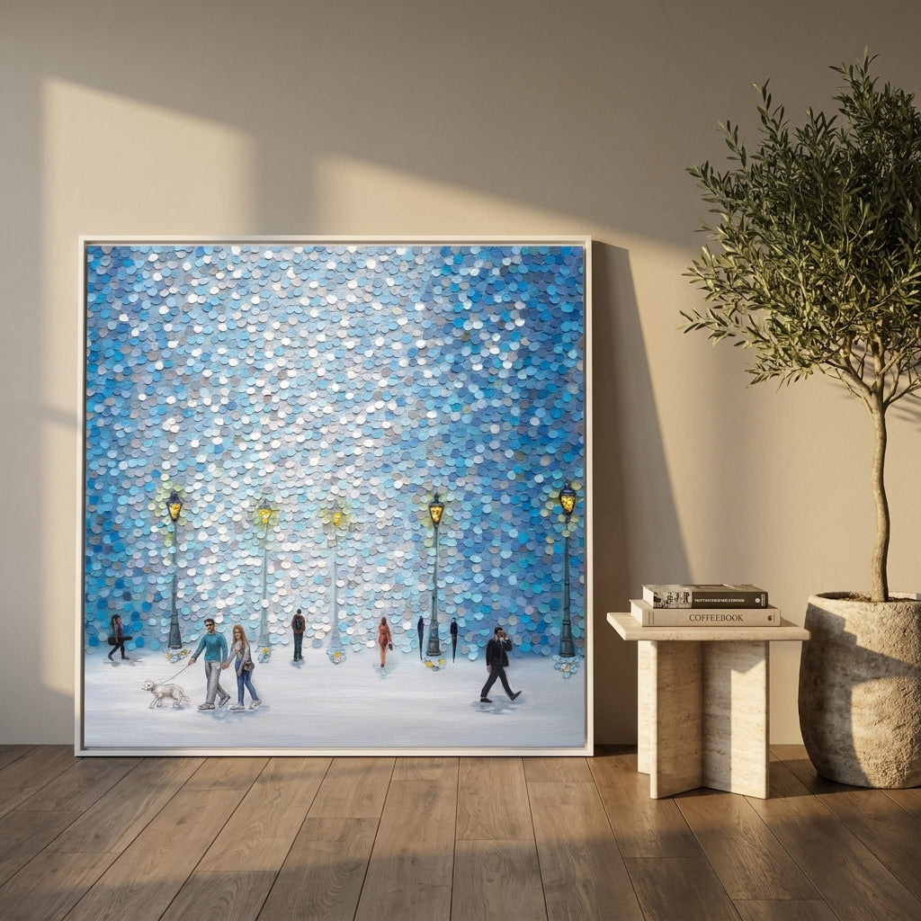 Oversized statement canvas wall art with a white surround leaning against the wall in a luxe bedroom