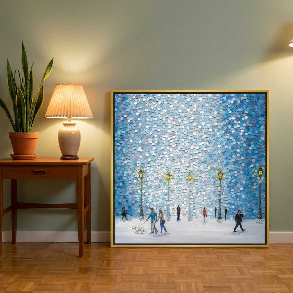 Canvas wall art with a gold leaf surround leaning against the wall in a mid-century dining room