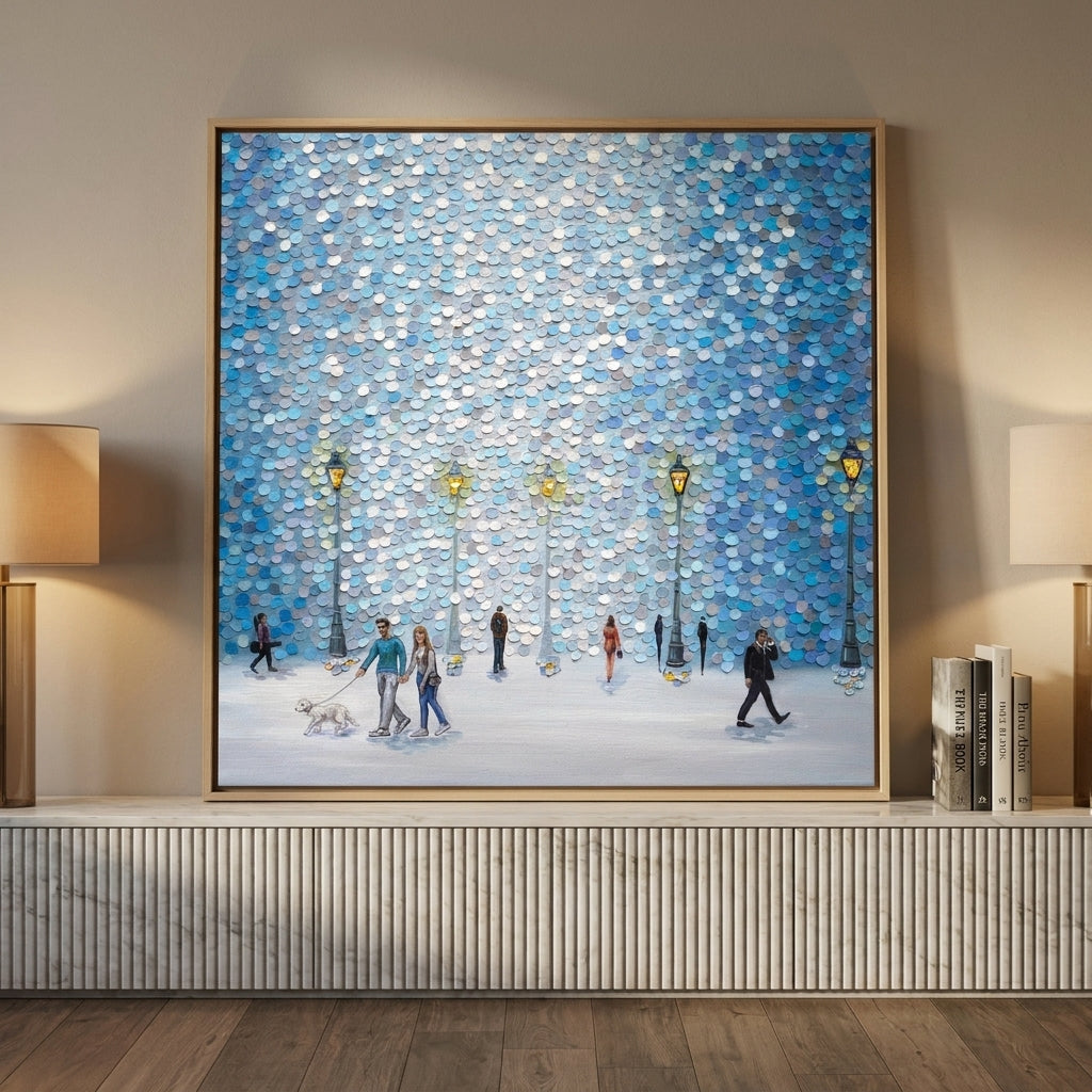 Canvas wall art with a natural timber surround standing on a sideboard in a luxe home office