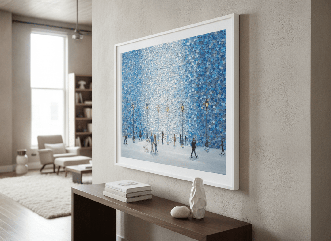 Monumental artwork centred on a feature wall in a luxe interior