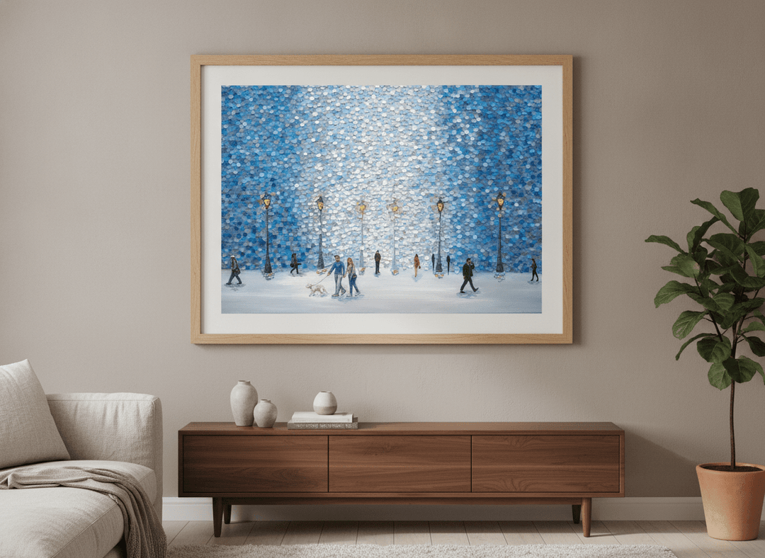 Modern wall art styled above a sofa in a neutral living room