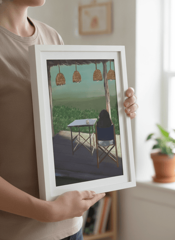 Person showcasing the artwork against a clean modern interior wall