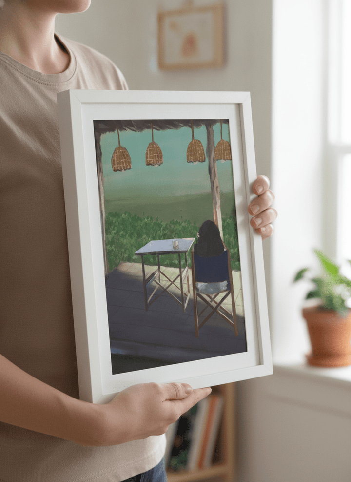 Person showcasing the artwork against a clean modern interior wall