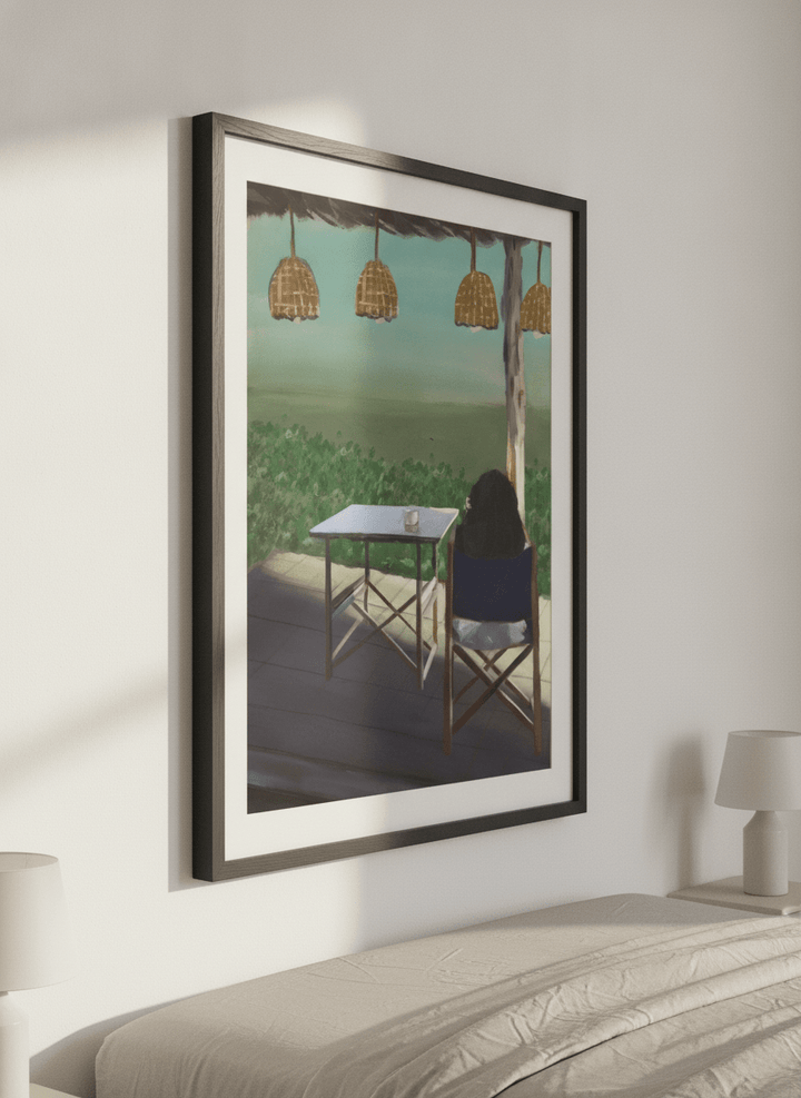 Minimalist artwork displayed in a calm, light-filled bedroom interior