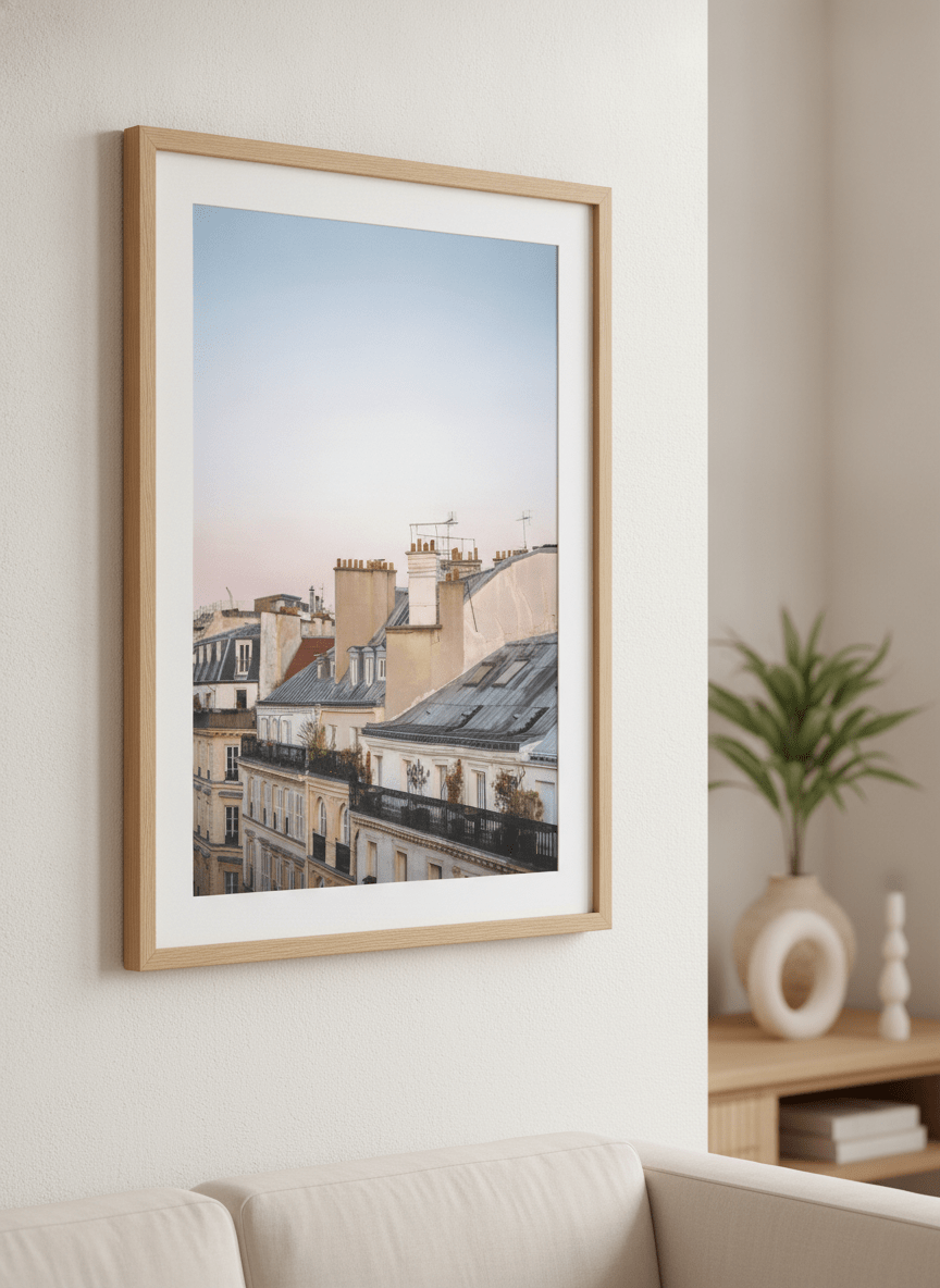 Modern wall art styled above a sofa in a neutral living room