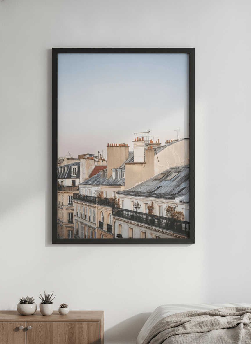 Minimalist artwork displayed in a calm, light-filled bedroom interior