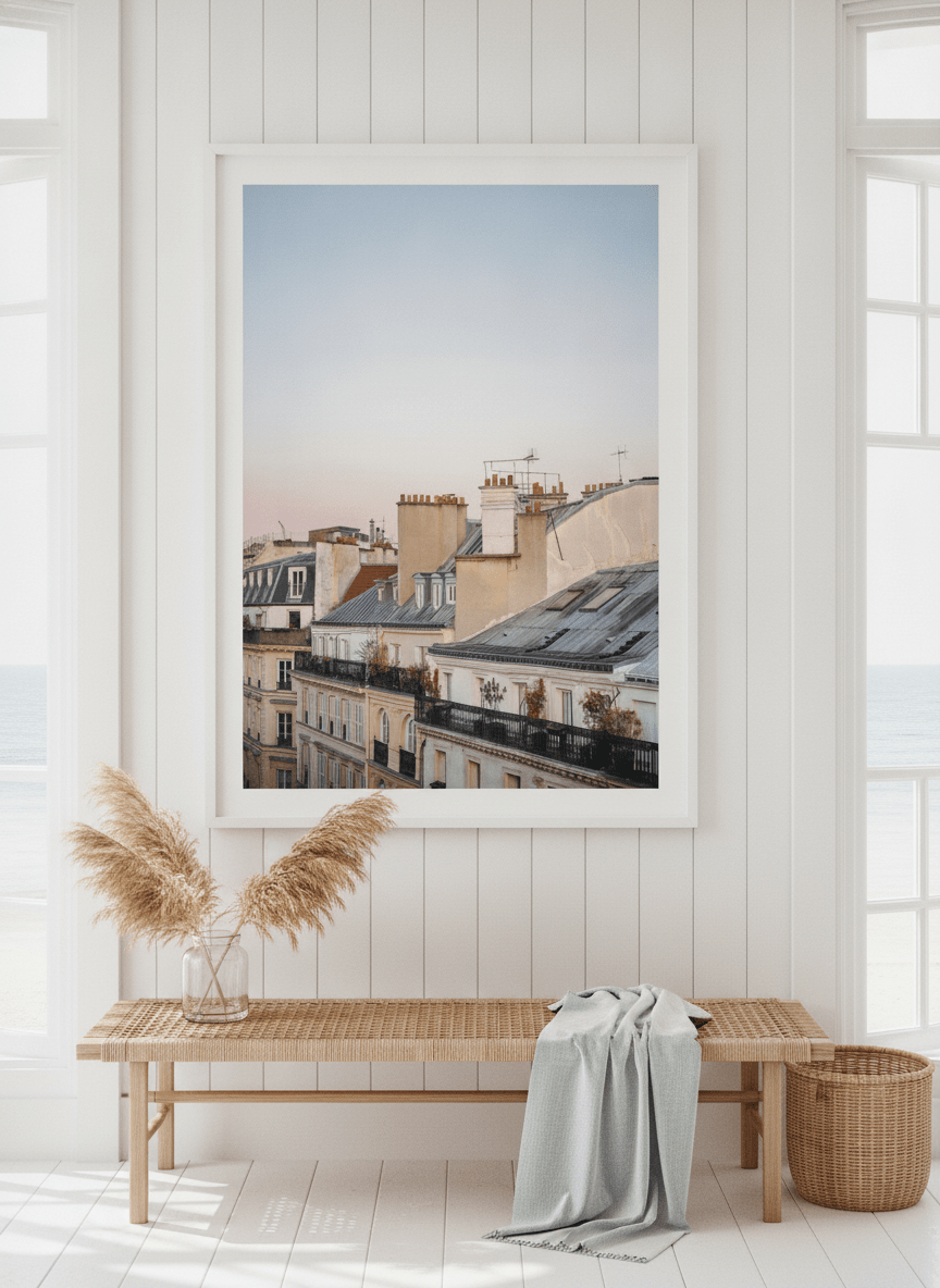 Neutral wall art displayed in a sunny coastal beach house