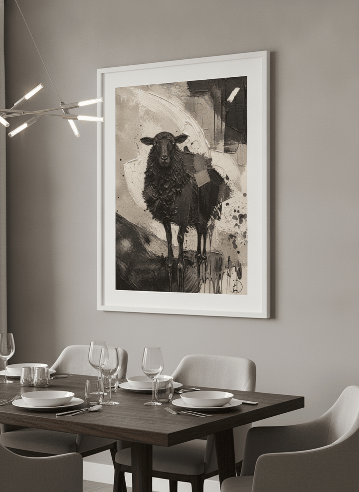 Wall art styled above a dining table in a contemporary home