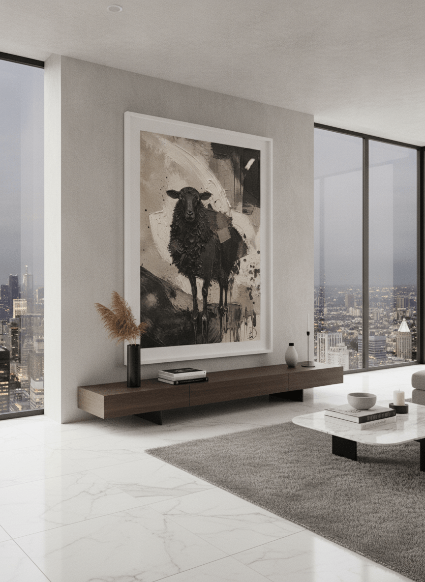 Monumental artwork centred on a feature wall in a luxe interior