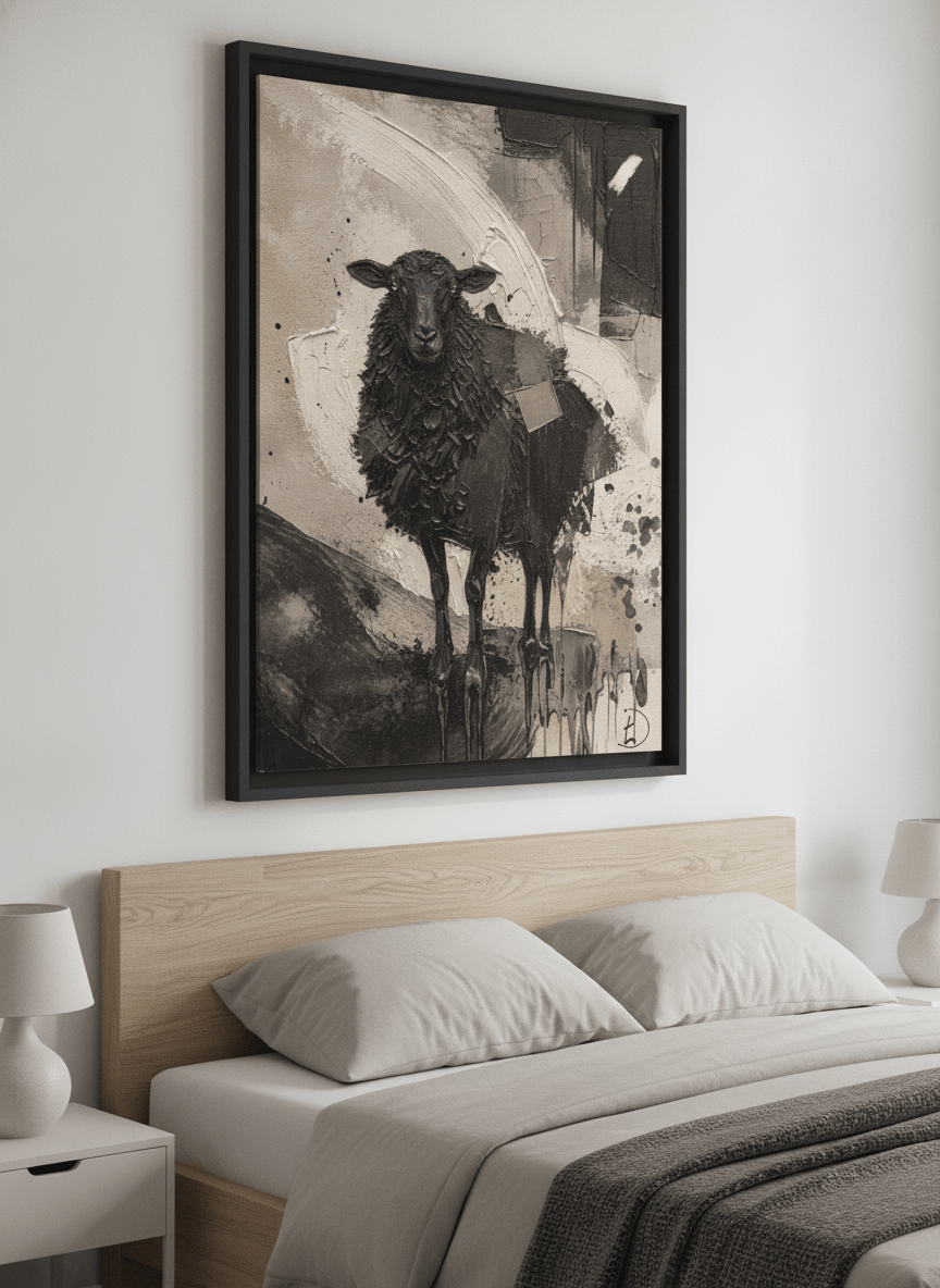 Minimalist artwork displayed in a calm, light-filled bedroom interior