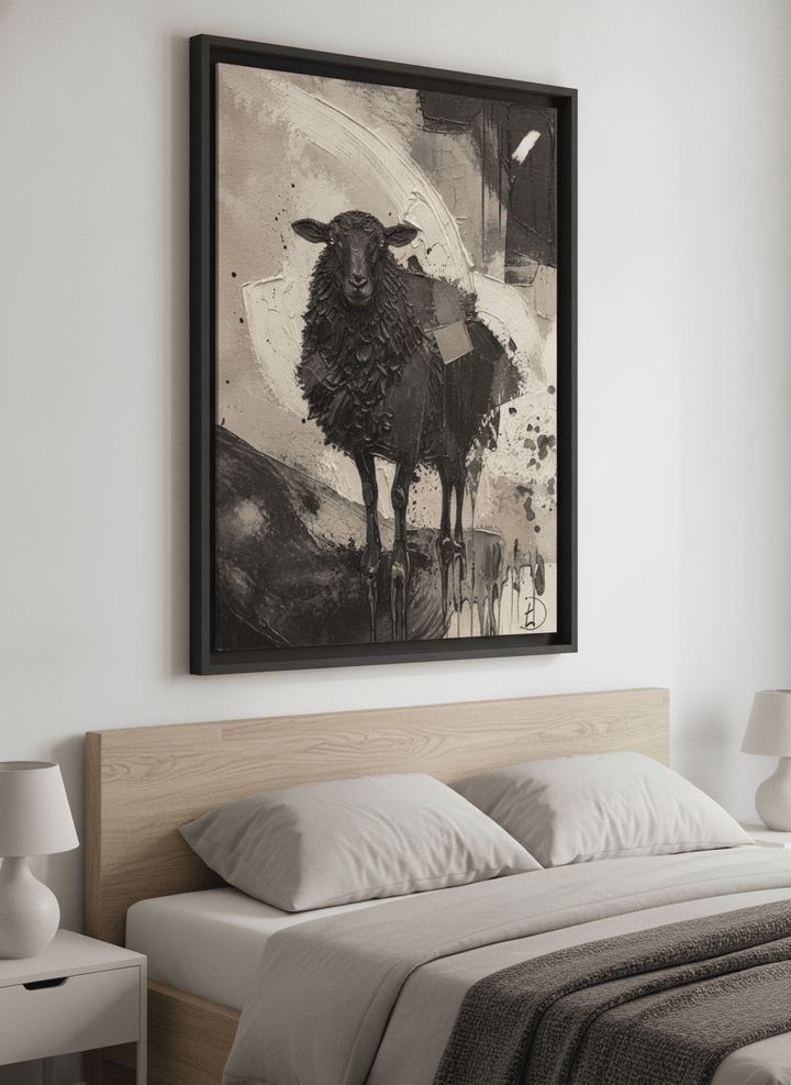 Minimalist artwork displayed in a calm, light-filled bedroom interior