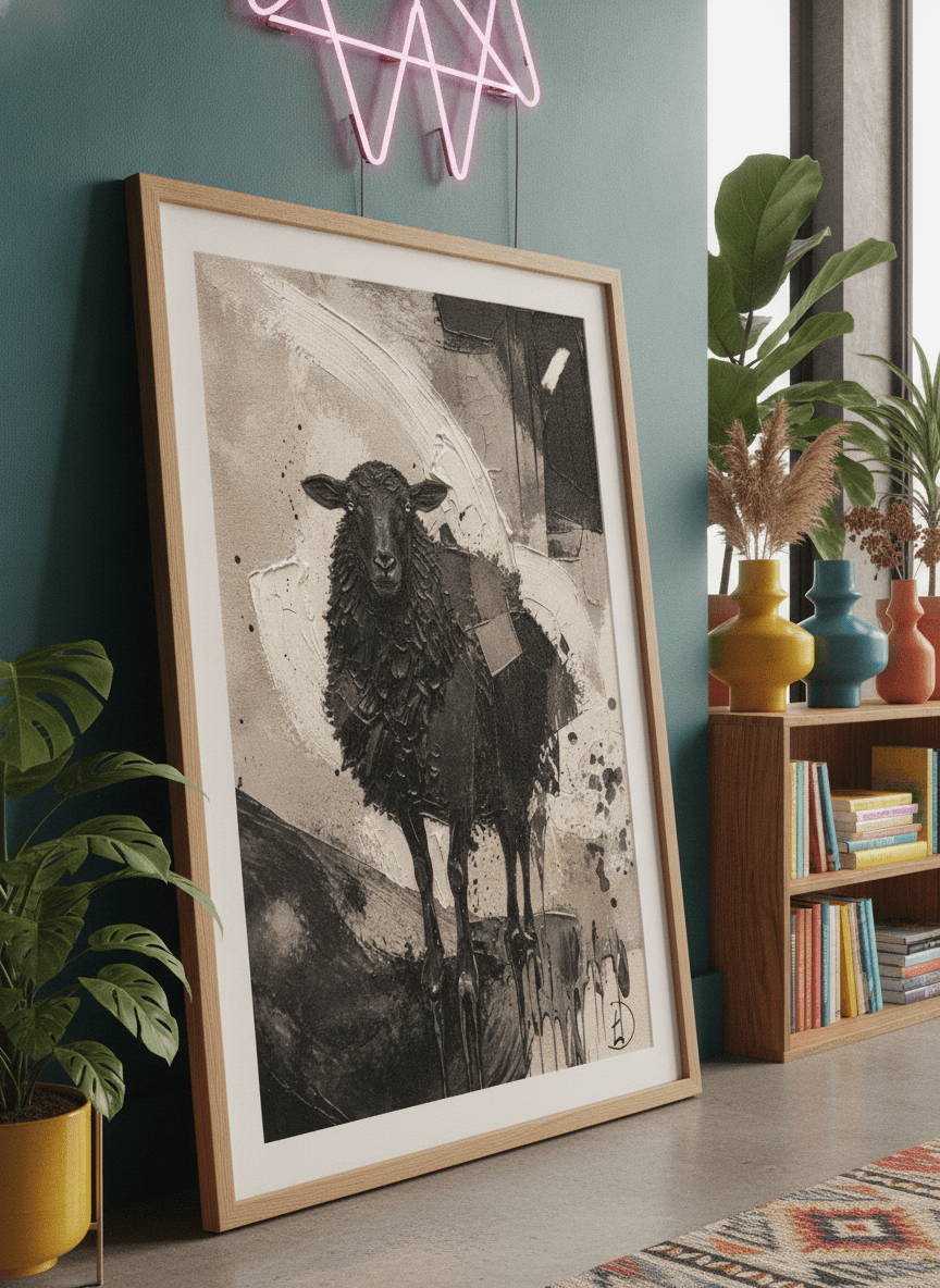 Bold wall art styled in a colourful, eclectic modern home
