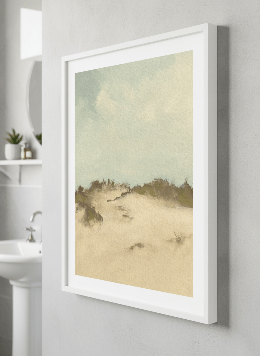 Modern print displayed in a clean minimalist bathroom setting