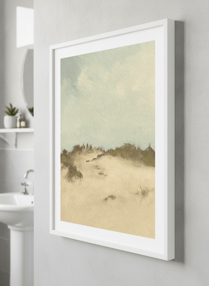 Modern print displayed in a clean minimalist bathroom setting