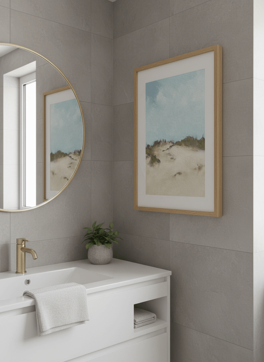 Modern print displayed in a clean minimalist bathroom setting
