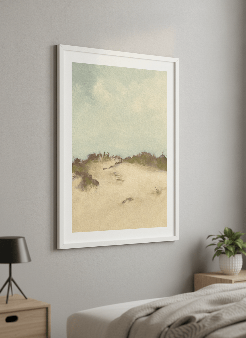 Minimalist artwork displayed in a calm, light-filled bedroom interior