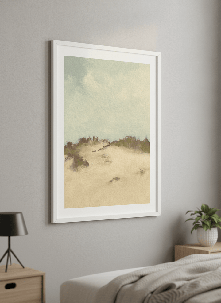 Minimalist artwork displayed in a calm, light-filled bedroom interior