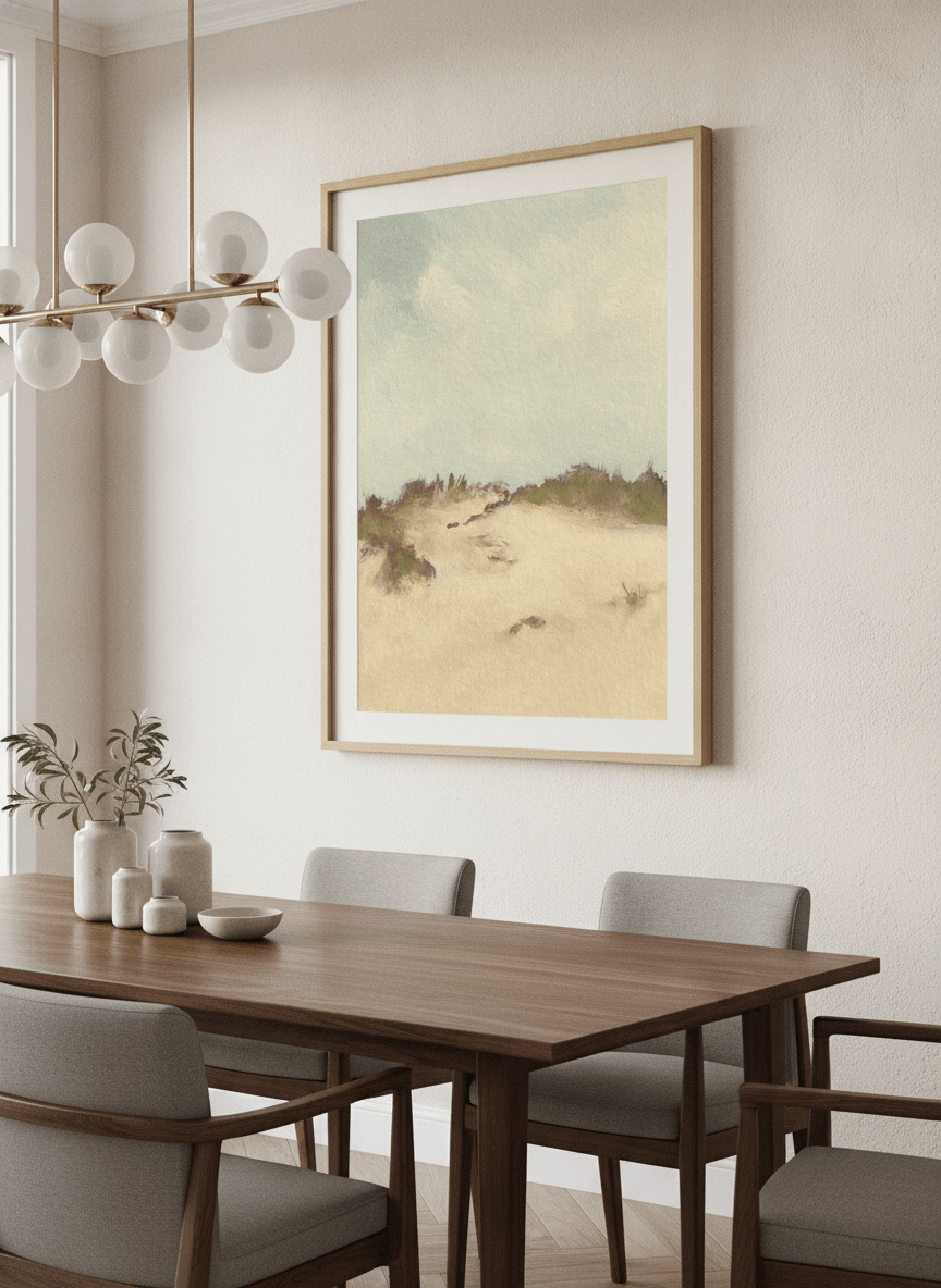 Wall art styled above a dining table in a contemporary home