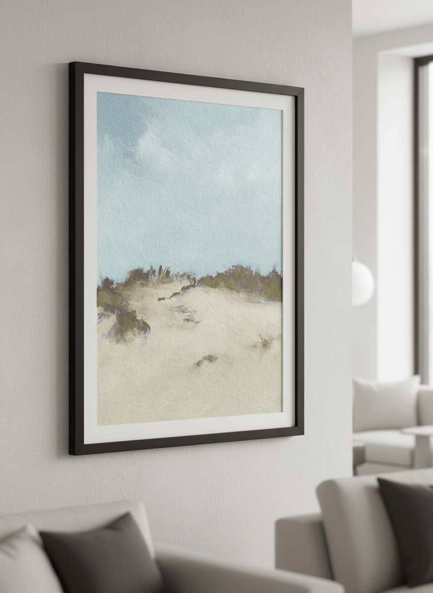 Modern wall art styled above a sofa in a neutral living room