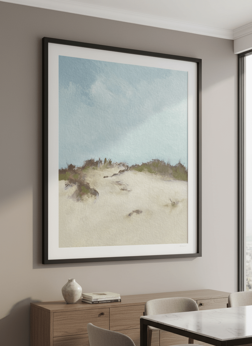 Wall art styled above a dining table in a contemporary home