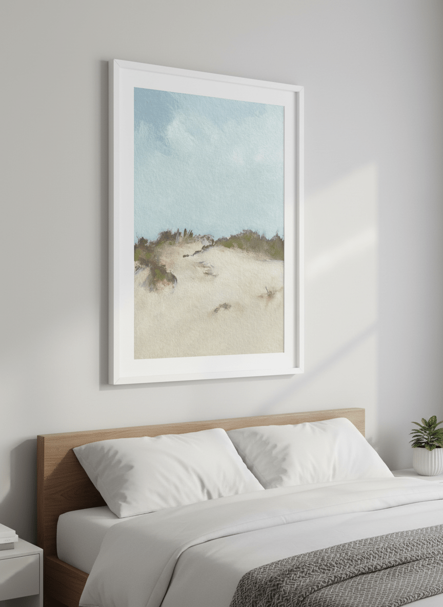 Minimalist artwork displayed in a calm, light-filled bedroom interior