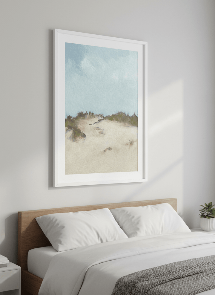 Minimalist artwork displayed in a calm, light-filled bedroom interior
